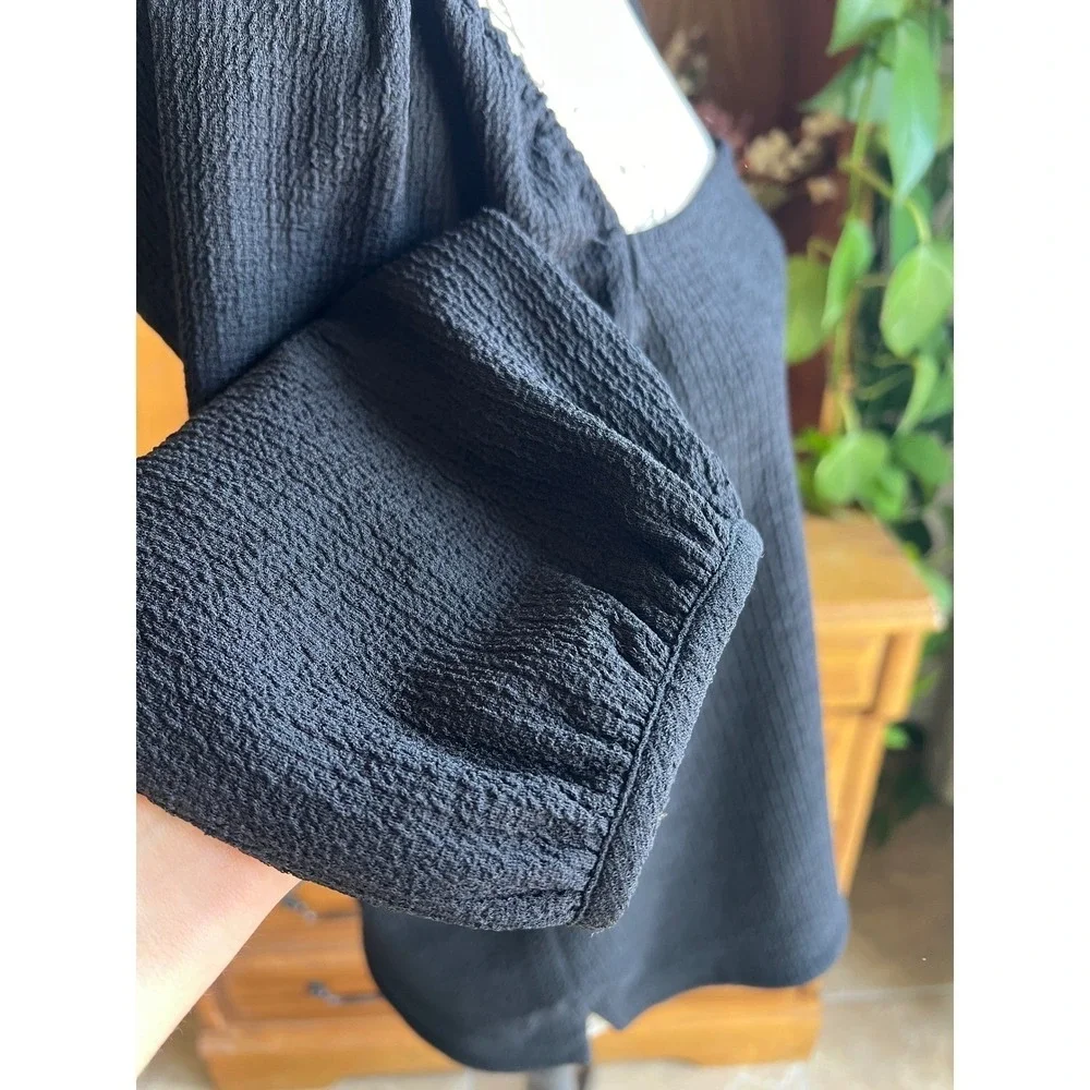 Madewell Black Textured Crepe Square Neck Puff Sleeve Blouse‎ Top Medium